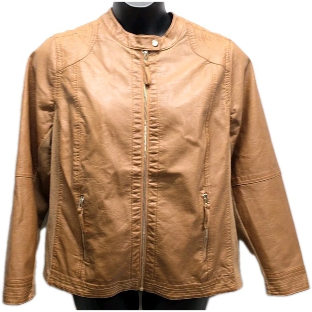 Maurices Camel Faux Leather Moto Jacket Zip Front Pockets sz 1X Western Boho